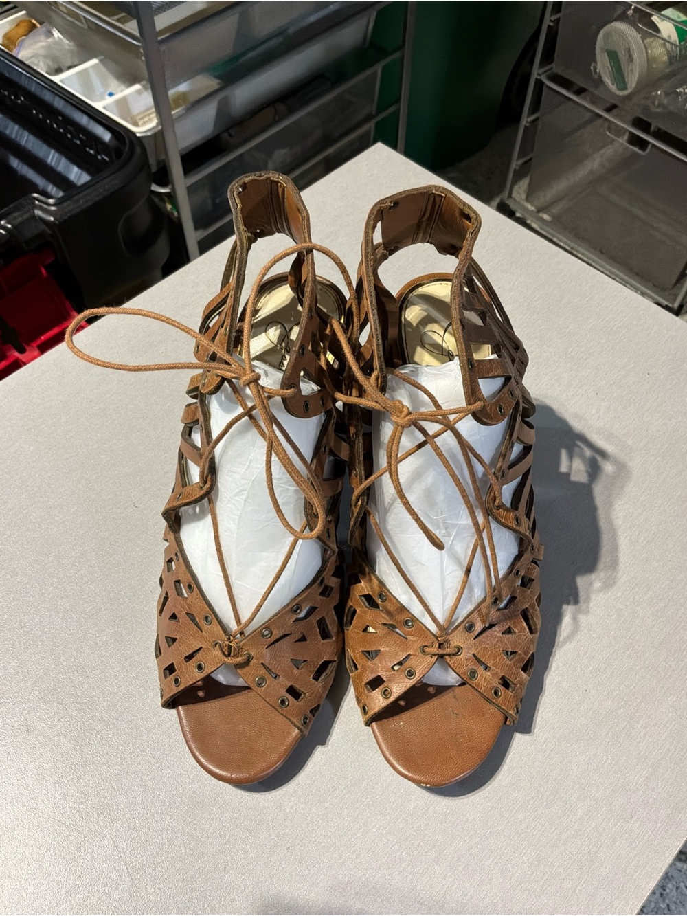 Jessica Simpson Tan Lace-Up Cutout Heels